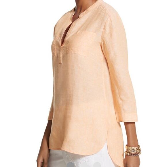 CHICO'S Women's Leslie Linen Shirt High Low Top Orange Pockets Sz 1 8/10 Med - Picture 1 of 16